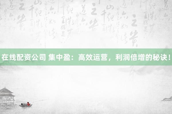 在线配资公司 集中盈：高效运营，利润倍增的秘诀！